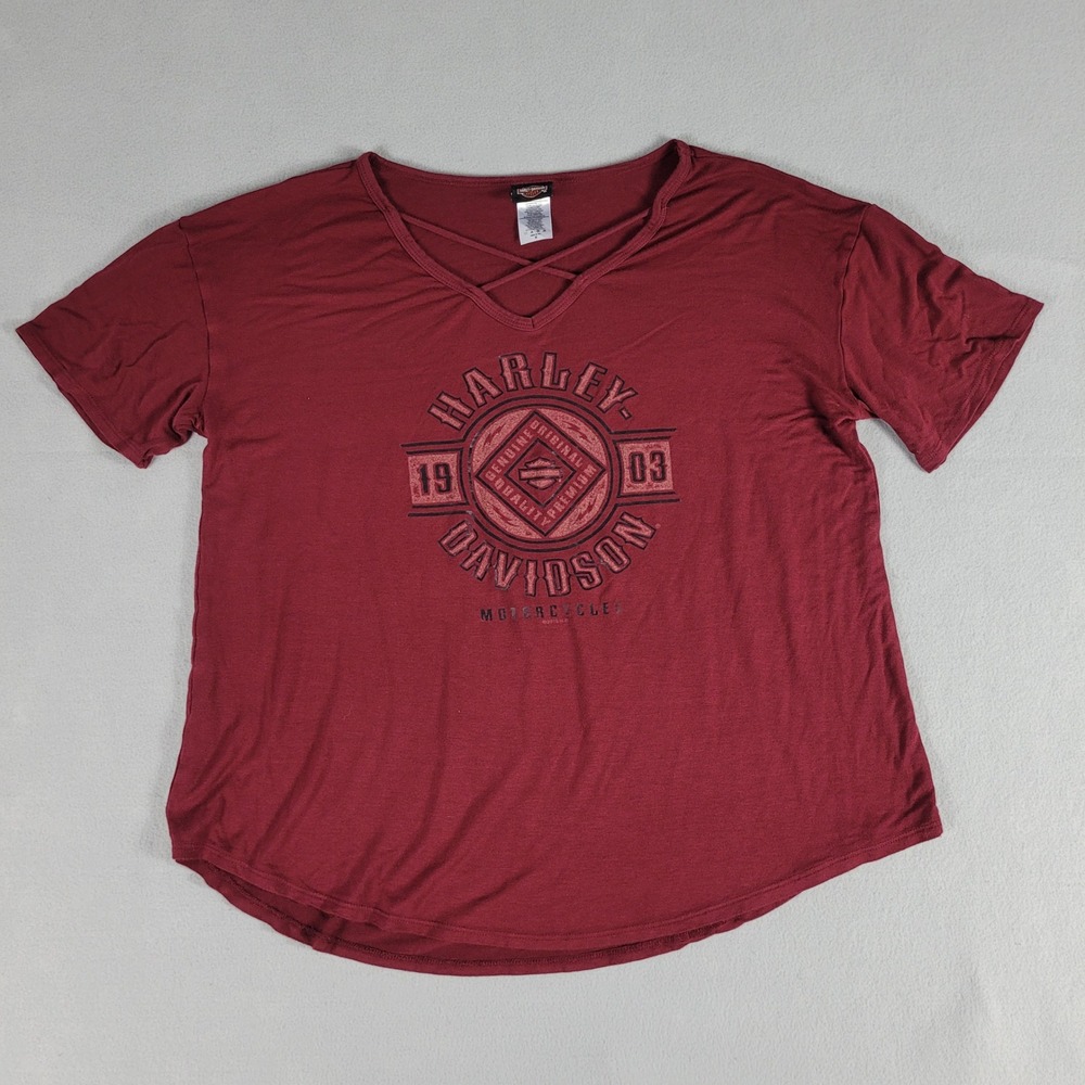 Harley Davidson T-Shirt Womens M Red Maroon Graphic Strappy Relaxed USA Made Tee